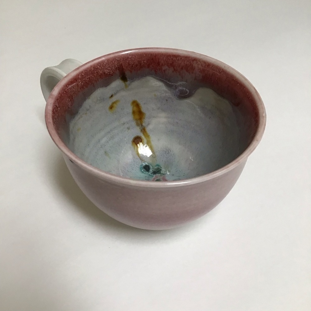 Studio Pottery Coffee Cup SIGNED Pink Green Blue 4” Handmade Handle Mod Teacup